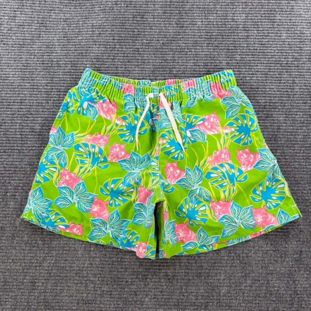 Chubbies Swim Trunks Mens Large Green Pink Tropical Tiger Print Shorts 5" Inseam